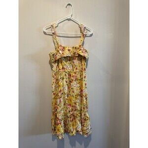 LC Lauren Conrad M Yellow Floral Tiered Ruffle Neck Sun Dress Linen Rayon